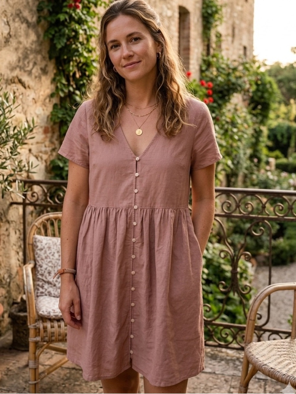 Madewell Linen Blend Short Sleeve Button-Front Mini Dress Dusty Mauve w/ Pockets